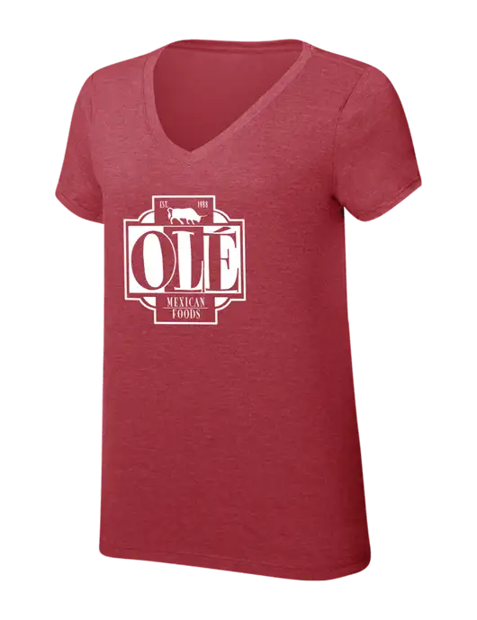 Womens Simply Soft V-Neck Red Frost 4.5oz  Poly/Combed Ring Spun Cotton T-Shirt w/Ole Logo