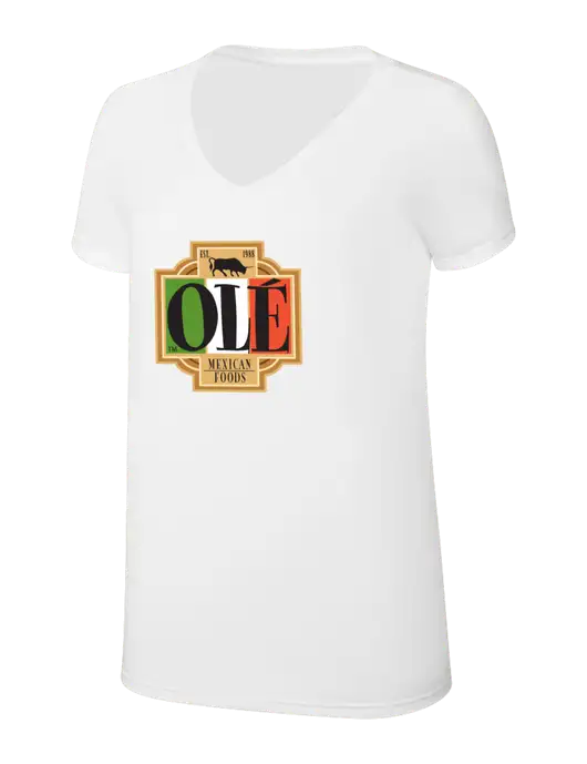 Womens Simply Soft V-Neck White 4.5oz  Poly/Combed Ring Spun Cotton T-Shirt w/Ole Logo
