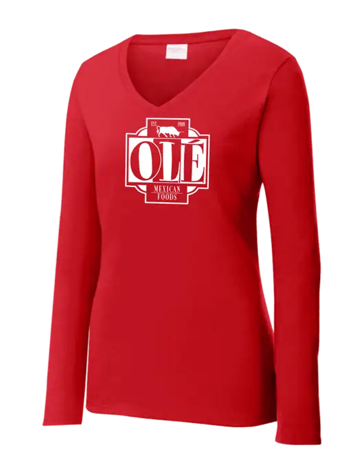 Womens  V-Neck Ring Spun Bright Red 4.5 oz Long Sleeve T-Shirt w/Ole Logo