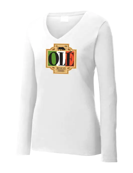 Womens  V-Neck Ring Spun White 4.5 oz Long Sleeve T-Shirt w/Ole Logo
