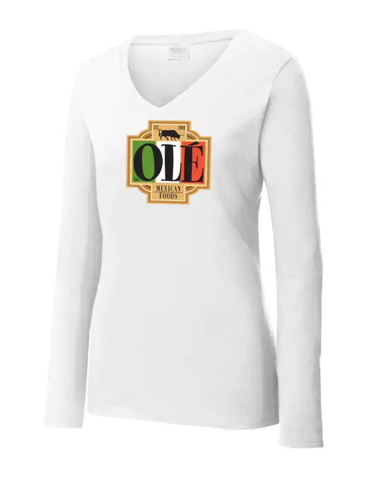 Womens  V-Neck Ring Spun White 4.5 oz Long Sleeve T-Shirt w/Ole Logo