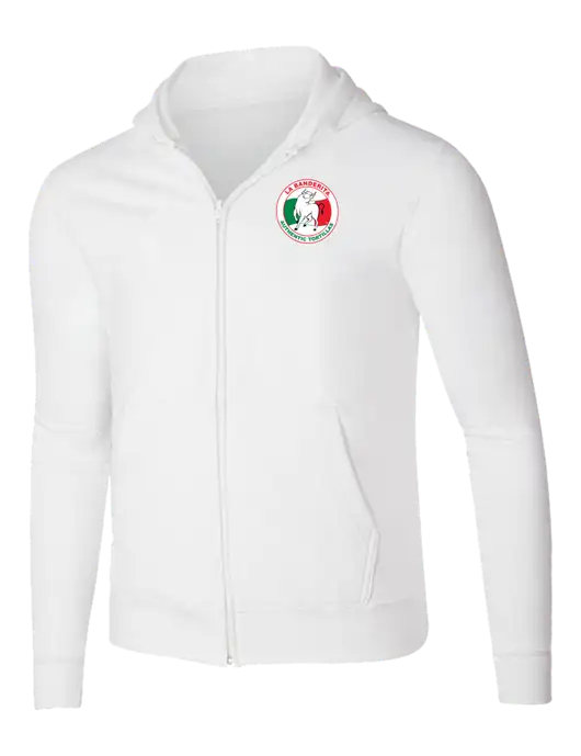 White 8.5 oz Ring Spun Zip Hooded Sweatshirt w/La Banderita Logo
