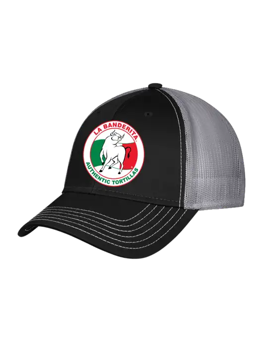 Black/Medium Dark Grey Mesh Trucker Cap Snap Back w/La Banderita Logo