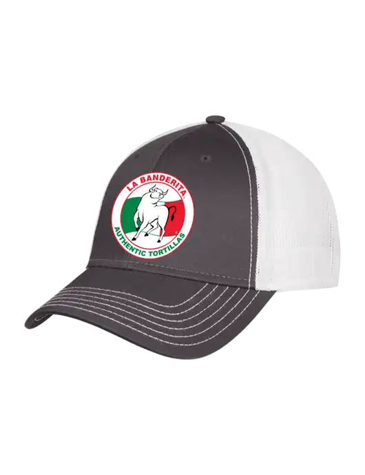 Dark Grey/White Mesh Trucker Cap Snap Back w/La Banderita Logo