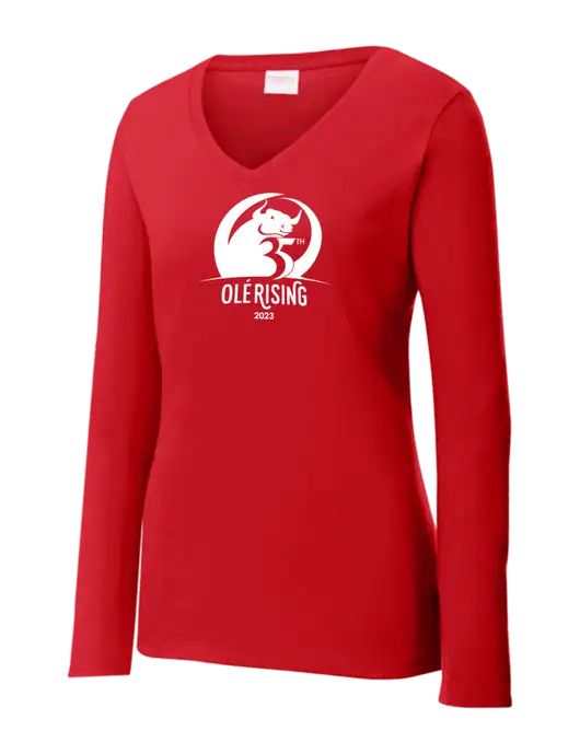 Womens  V-Neck Ring Spun Bright Red 4.5 oz Long Sleeve T-Shirt w/Ole 35th Anniversary Logo