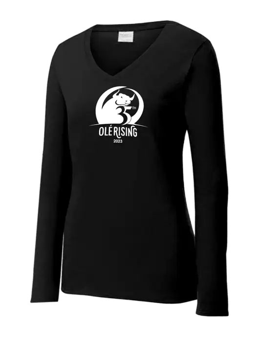 Womens V-Neck Ring Spun Jet Black 4.5 oz Long Sleeve T-Shirt w/Ole 35th Anniversary Logo