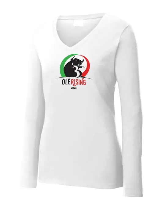 Womens  V-Neck Ring Spun White 4.5 oz Long Sleeve T-Shirt w/Ole 35th Anniversary Logo