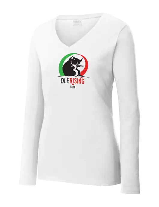 Womens  V-Neck Ring Spun White 4.5 oz Long Sleeve T-Shirt w/Ole 35th Anniversary Logo